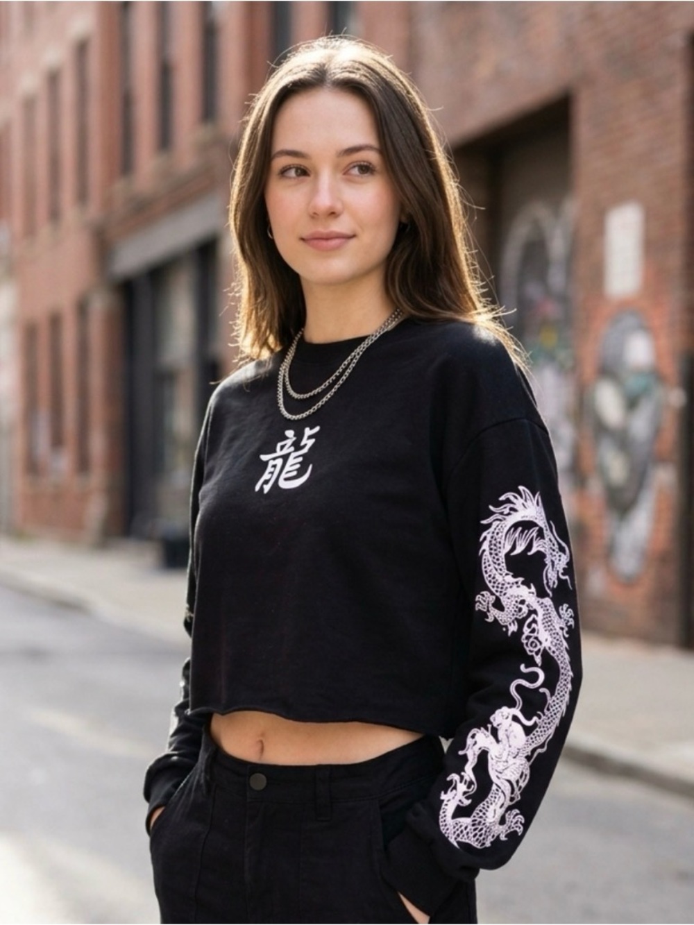 Black Dragon Graphic Cropped Long-Sleeve Top